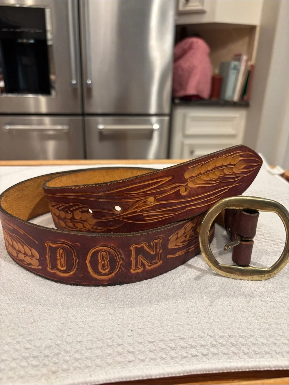 Hand-Tooled Brown Leather Belt with Wheat Motif- Don-w/ Solid Brass Belt Buckle